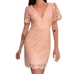 Light pink lace short sleeve knee length dress with a V-neck from LuLus!